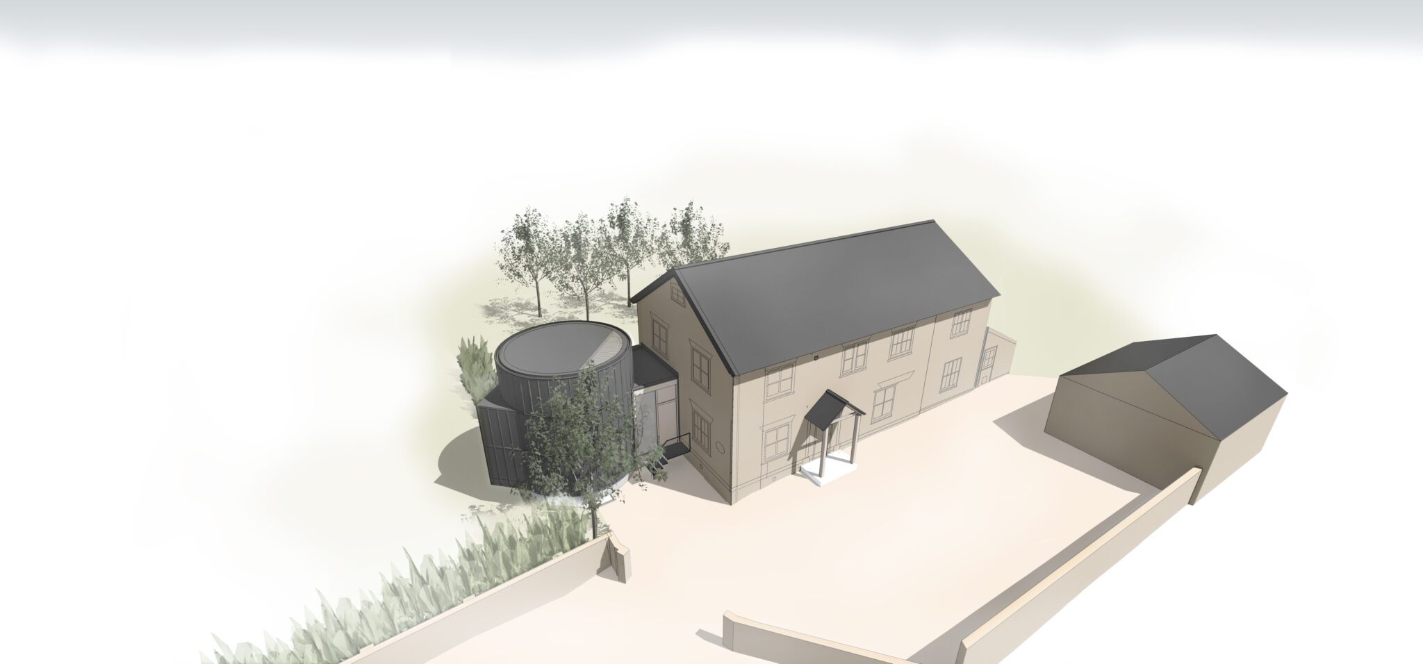 A silo inspired circular creative family cabin space which links to the main house (1)