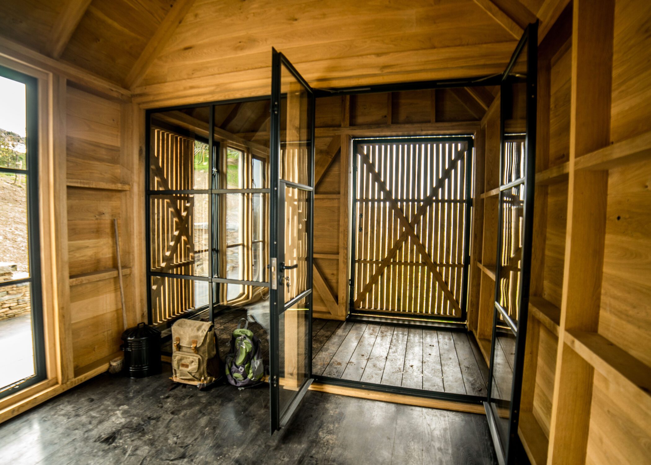 Sandblastered Oak interior and Crittall Glazing at Woodcutters Refuge | Life Space Cabins