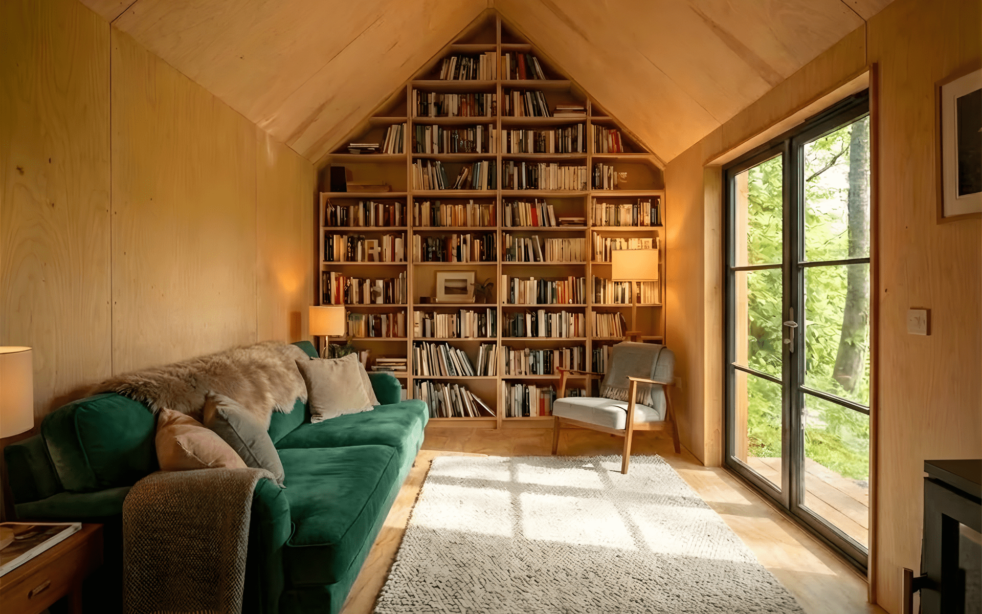 Potager Hut designed as a garden reading room, featuring a bespoke bookcase on one gable, handcrafted by our in-house joiner.